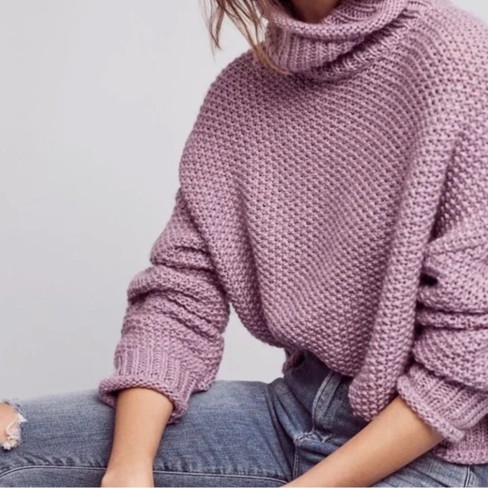 Anthropologie MOTH Womens Cropped Turtleneck Sweater S Lavender Chunky Knit Wool